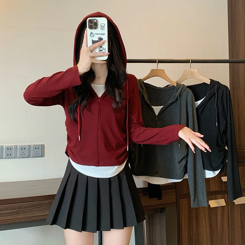 假两件连帽长袖T恤女装2025春季新款大码胖mm显瘦正肩上衣打底衫