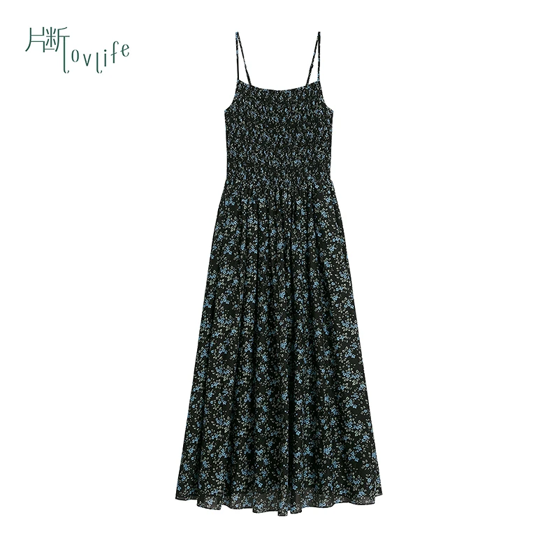 片断连衣裙女新款复古收腰显瘦碎花裙小个子减龄黑色吊带裙