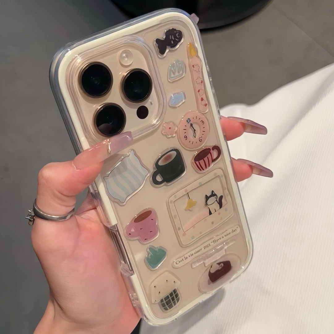 奥菲顿闹钟小黑猫贴纸适用苹果16二合一手机壳华为vivo小米15oppo