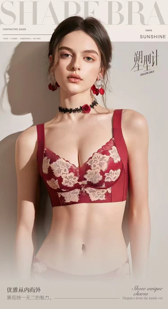 五排扣舒适无钢圈调整型聚拢文胸蕾丝内衣自然上托饱满圆润性感