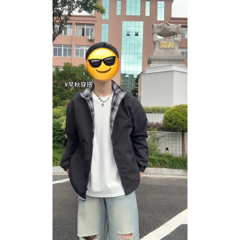 fitcheck格子拼接夹克男春秋季少年感学生情侣装上衣美式休闲外套