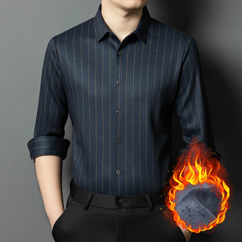 [加绒加厚]绵羊毛+桑蚕丝 弹力混纺面料抗皱免烫格子衬衫商务男装