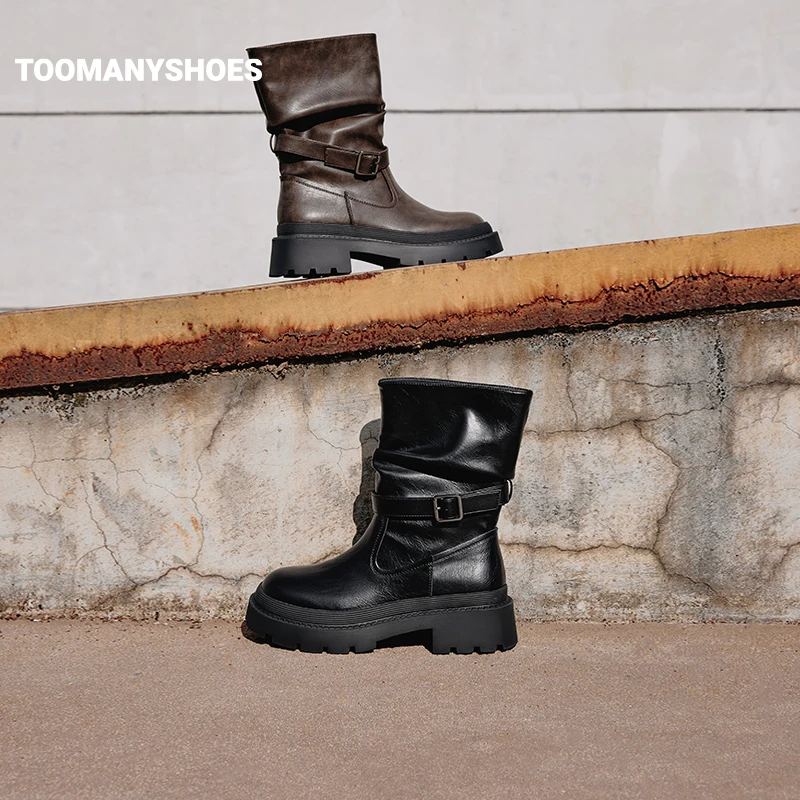 Toomanyshoes靴子机车手厚底短靴工装西部骑士靴