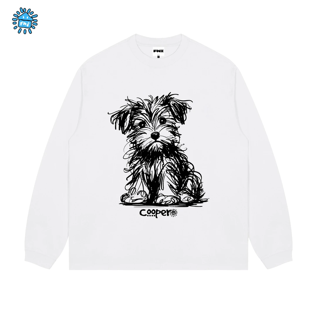 FNIcooper（潦草小狗）趣味卡通重磅纯棉长袖男女情侣T恤秋宽松胶浆