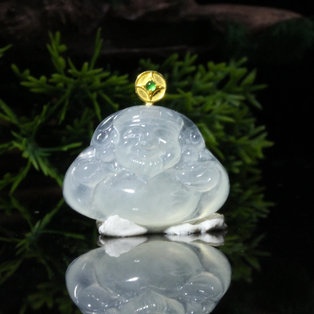天然缅甸翡翠A货18K金镶白冰欢喜无量佛公吊坠/01047005/拍卖