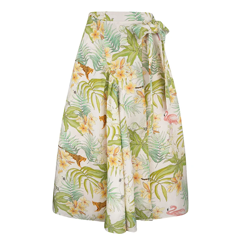 JUNGLE ME高腰度假风小清新印花绑带显瘦半身裙沙滩长裙夏季
