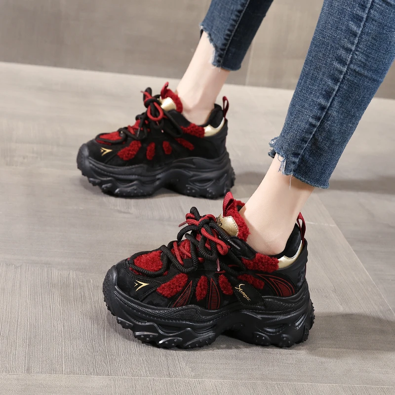 HQ5802厚底8cm爆款老爹鞋女2025秋冬季新款加绒内增高运动休闲鞋