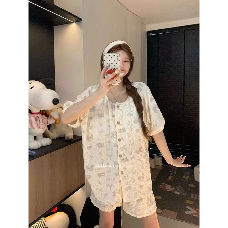 可爱奶油小熊睡衣女款夏季短袖薄款云朵棉泡泡棉纱卡通少女家居服