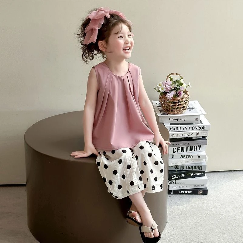 女童夏季套装韩版新款无袖背心宝宝夏装洋气波点儿童时髦两件套
