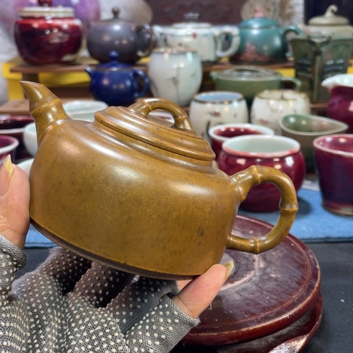 摆件茶金釉竹节壶。。。。