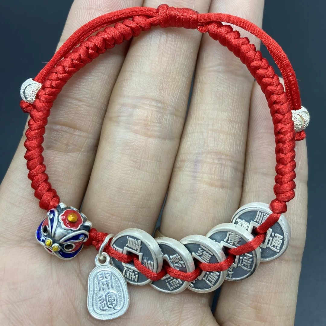 足银布艺手链 纯手工编织纯银五帝钱手链简约时尚小众设计手链