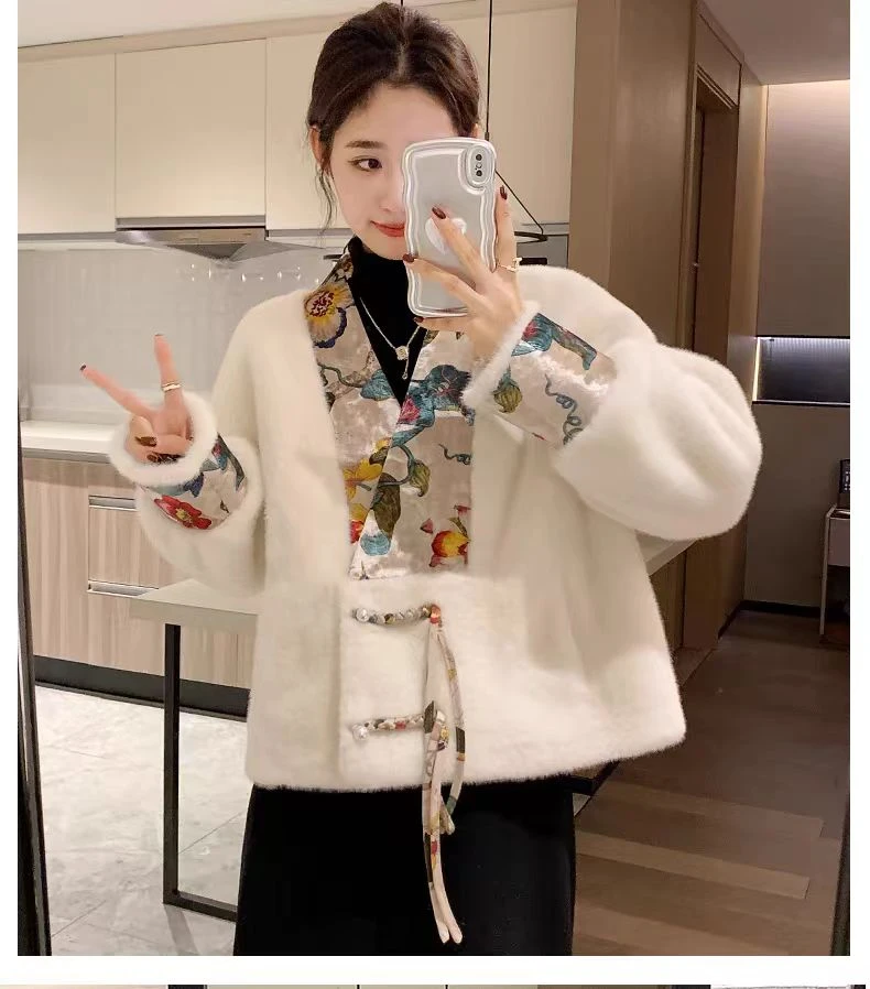 【老板娘专属】网红气质百搭中式盘扣仿水貂外套女短款国风上衣冬季