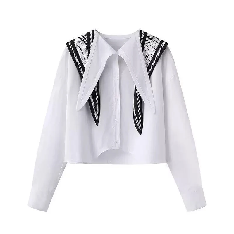 【经典舵手】2025春季新款学院风蝴蝶结系带海军领宽松女衬衫A362