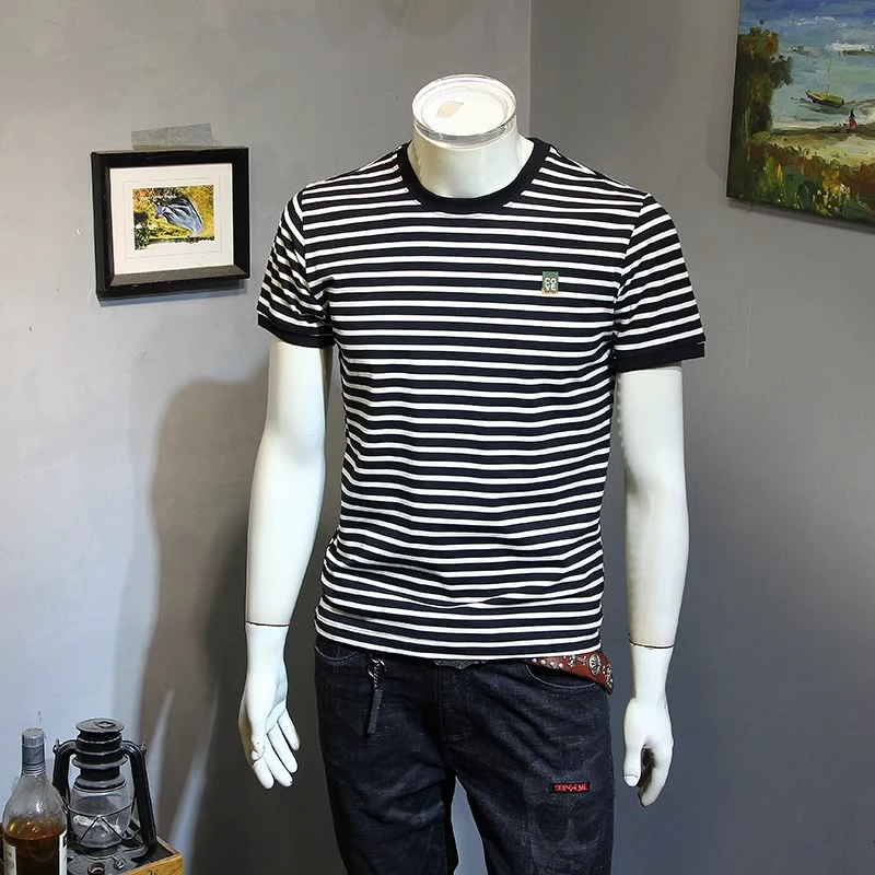 夏季新款条纹短袖T恤男士韩版修身圆领刺绣半袖百搭青年潮流男装T