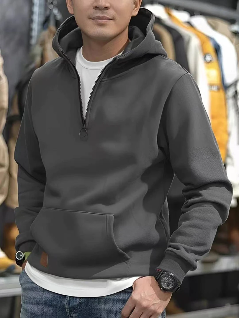 A08男女同款秋冬季时尚半拉链连帽加厚款纯色卫衣