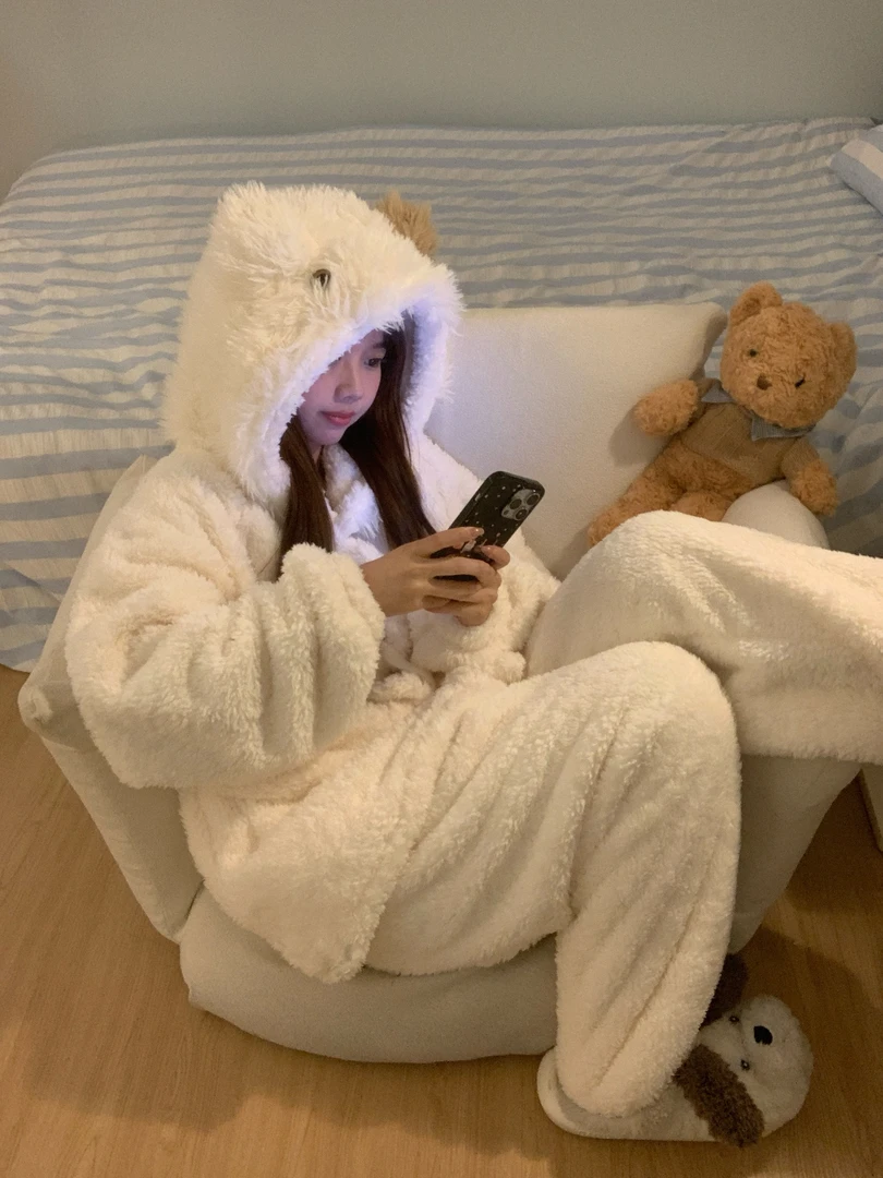 【奶球小羊帽】保暖可爱连帽珊瑚绒睡衣女秋冬套装加厚网红家居服