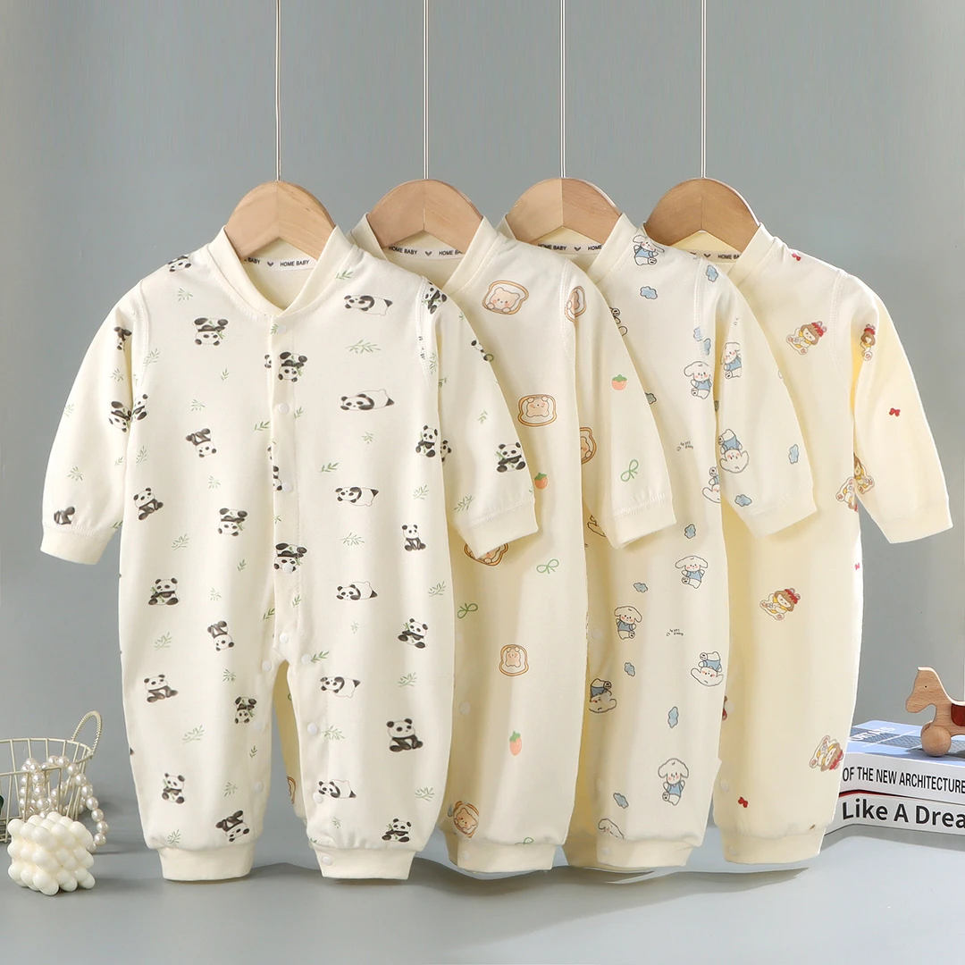 秋冬新款无骨新生儿纯棉长袖连体衣男女爬服卡通印花哈衣婴儿睡衣