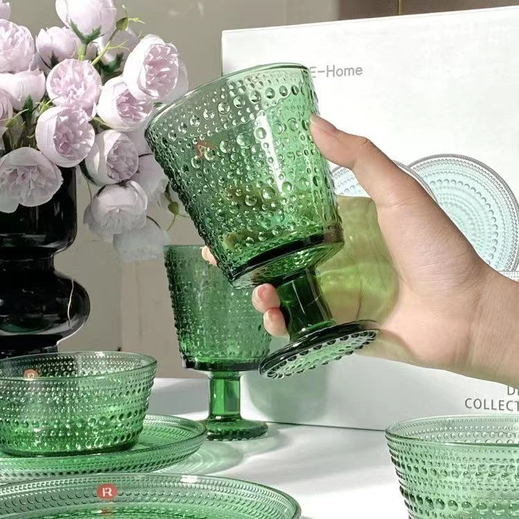 【2只装】墨绿色网红法式复古浮雕树叶高脚水杯红酒玻璃杯家用水杯