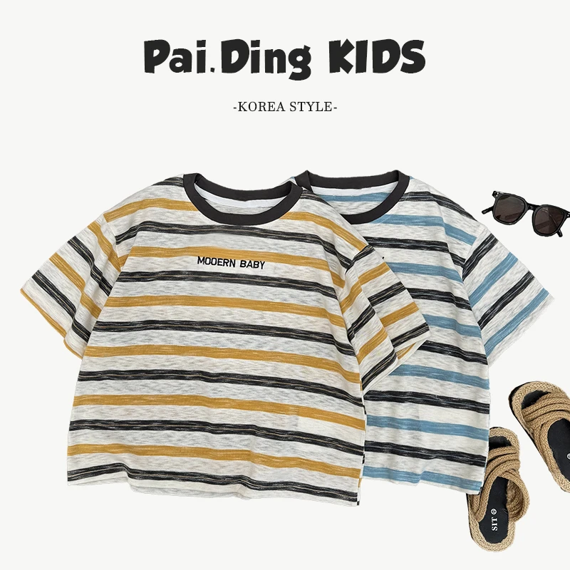 【小首尔】Q现货-夏装儿童时尚撞色条纹宽松两色圆领短袖T恤SJ5567