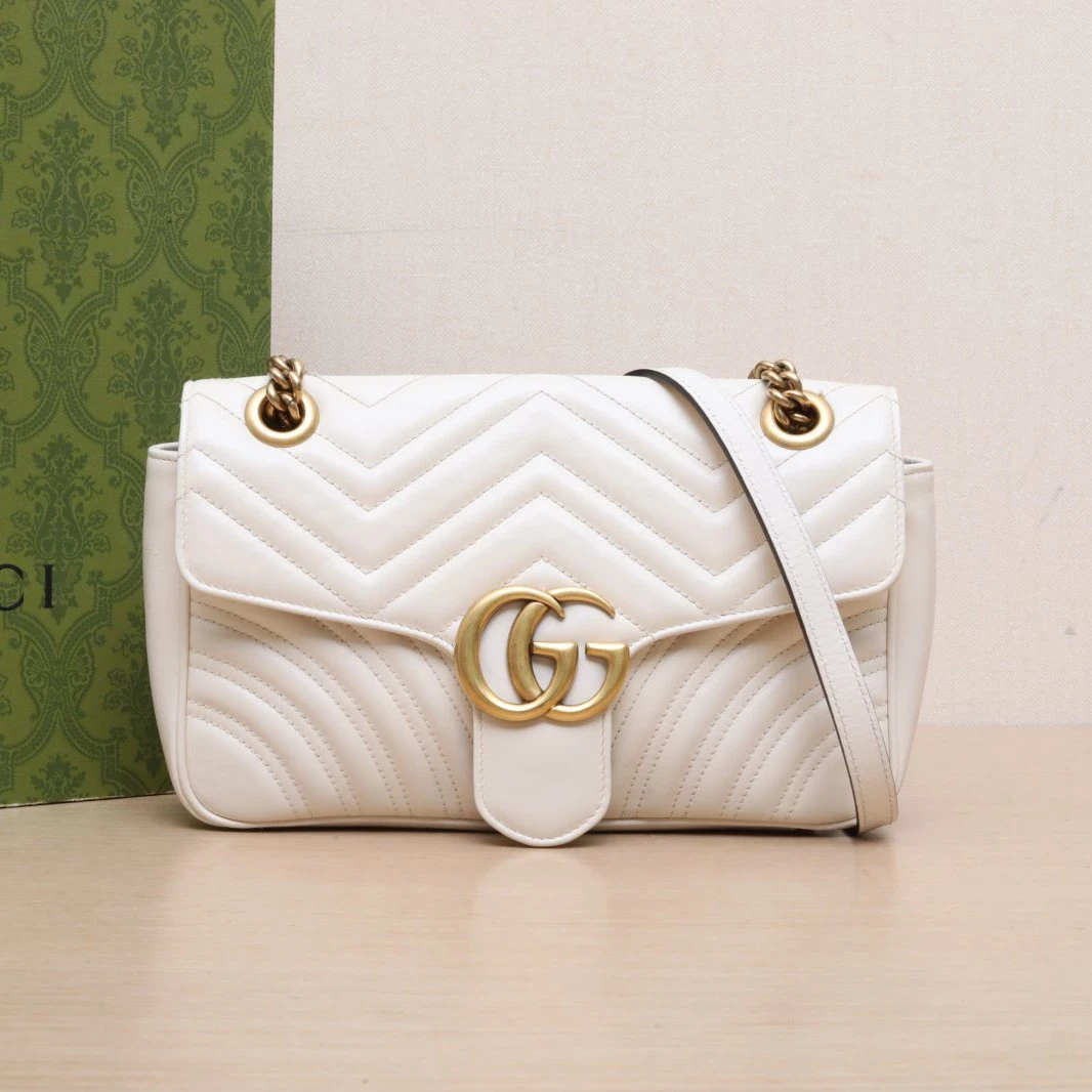 95新 GUCCI/古驰 小花双双 GG Marmont 肩背包 小号 白色 皮革C