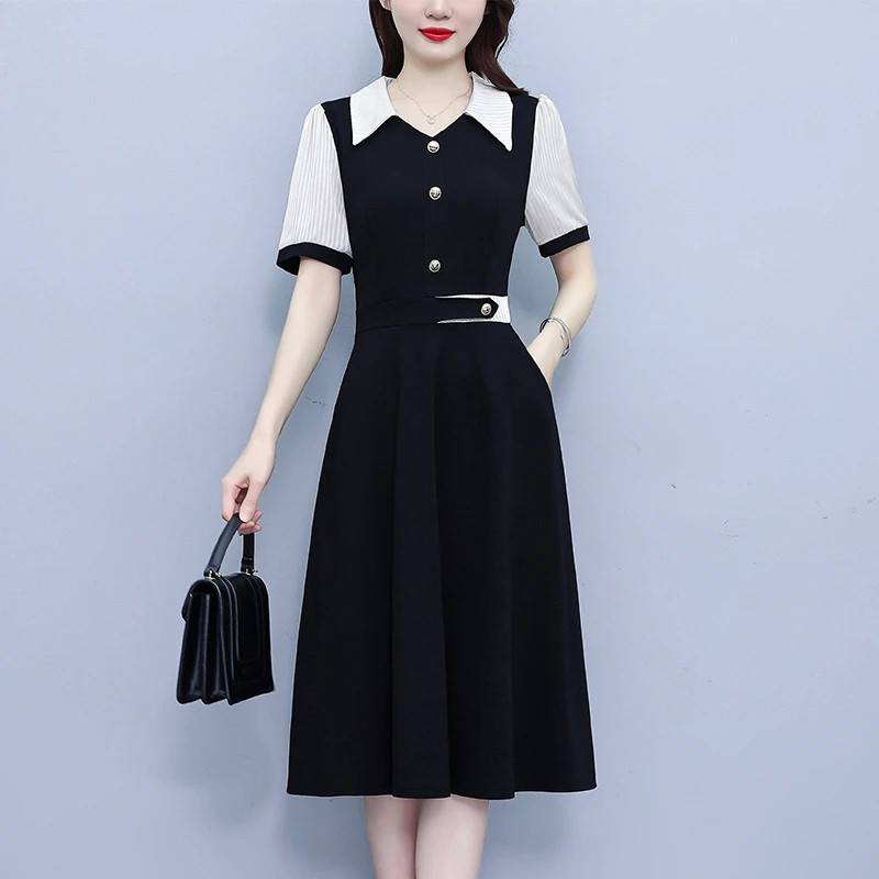 2025夏季新款大码女装条纹西服领拼色时尚气质遮肉显瘦连衣裙中裙