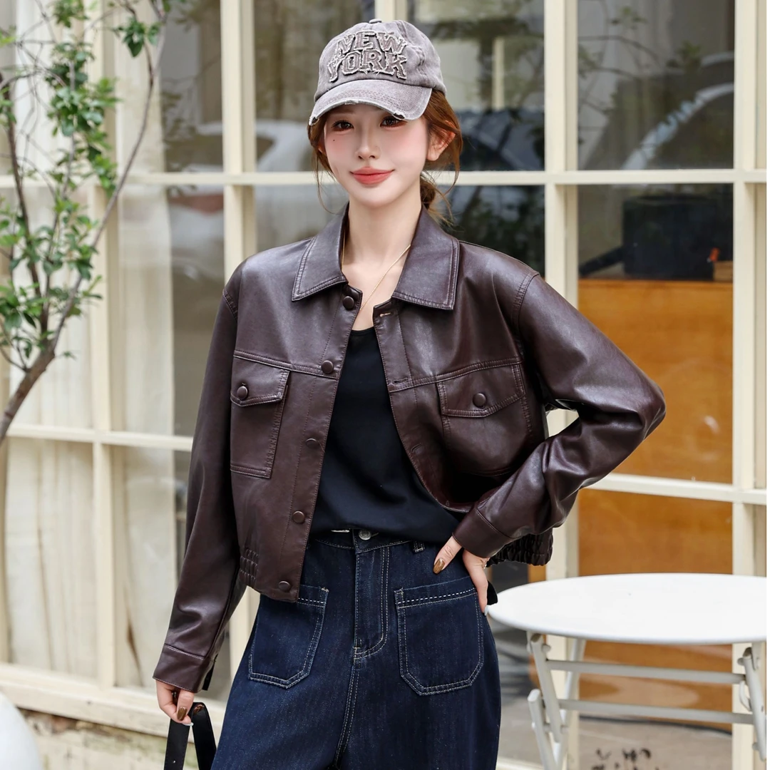 【宋轶同款】2025新款植鞣皮皮衣外套翻领上衣百搭开衫皮夹克