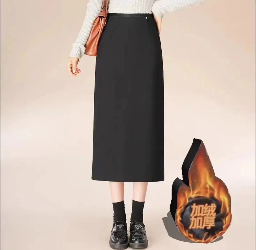 (2个长度)黑色秋冬半身长裙女小个子中长款后开叉一步裙气质款