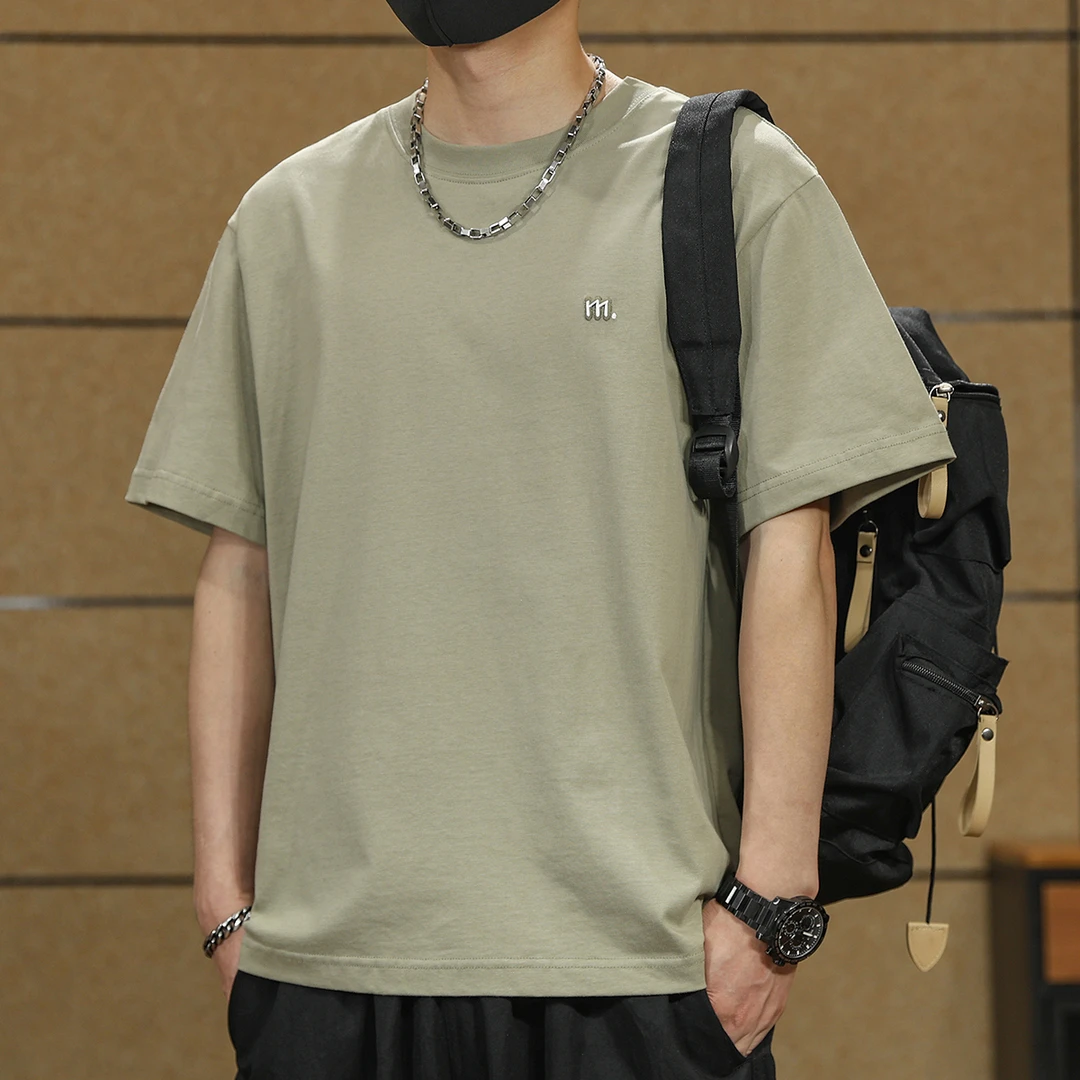 美式重磅纯棉t恤男短袖夏季新款纯色刺绣百搭半袖男款杏色上衣潮