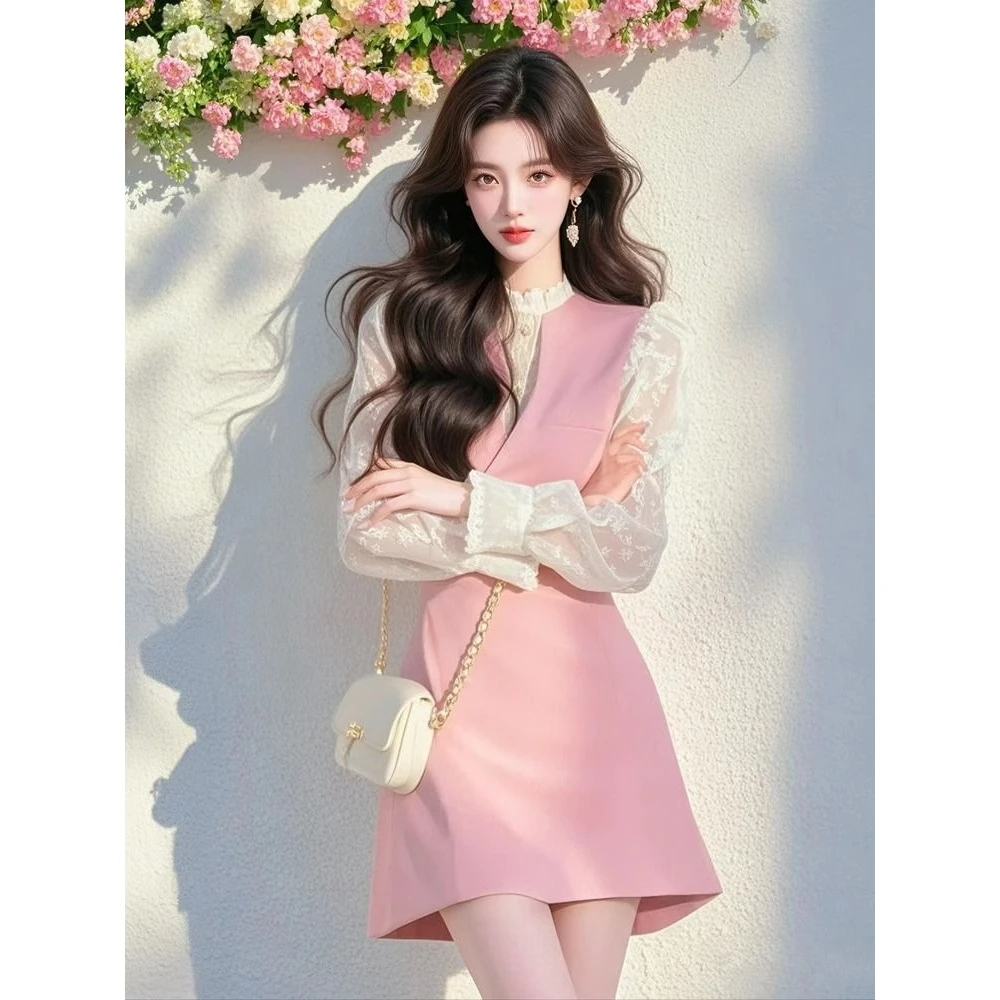 多巴胺粉色收腰假两件长袖蕾丝拼接连衣裙新款2025开春千金风裙子