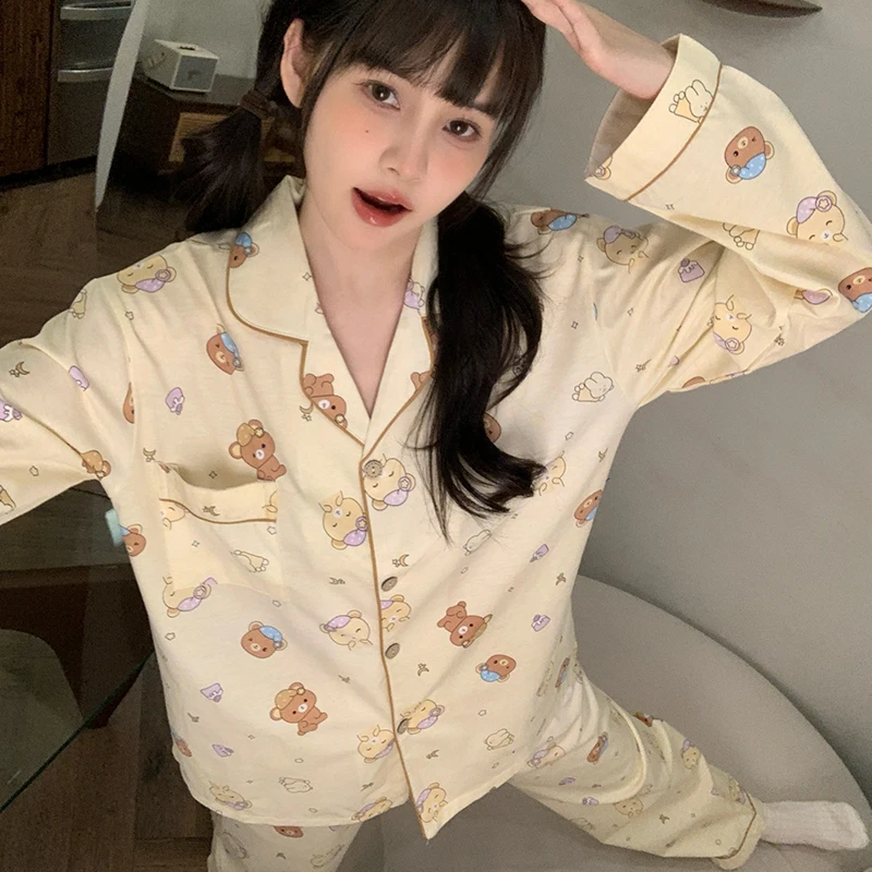 春秋季纯棉卡通甜美睡衣女士套装薄款开衫长袖长裤大码家居服