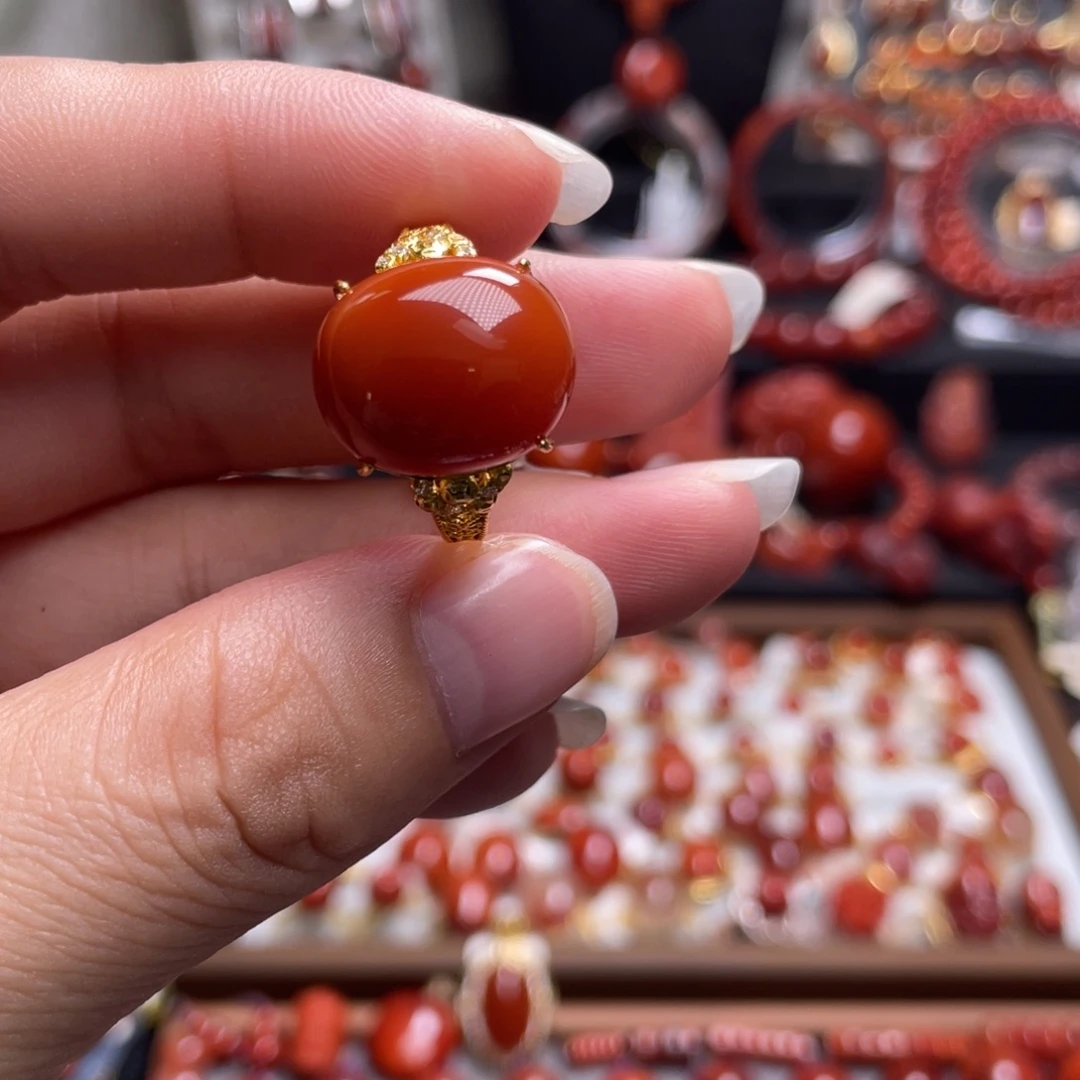 南红玛瑙银S925镶嵌满色满肉戒指