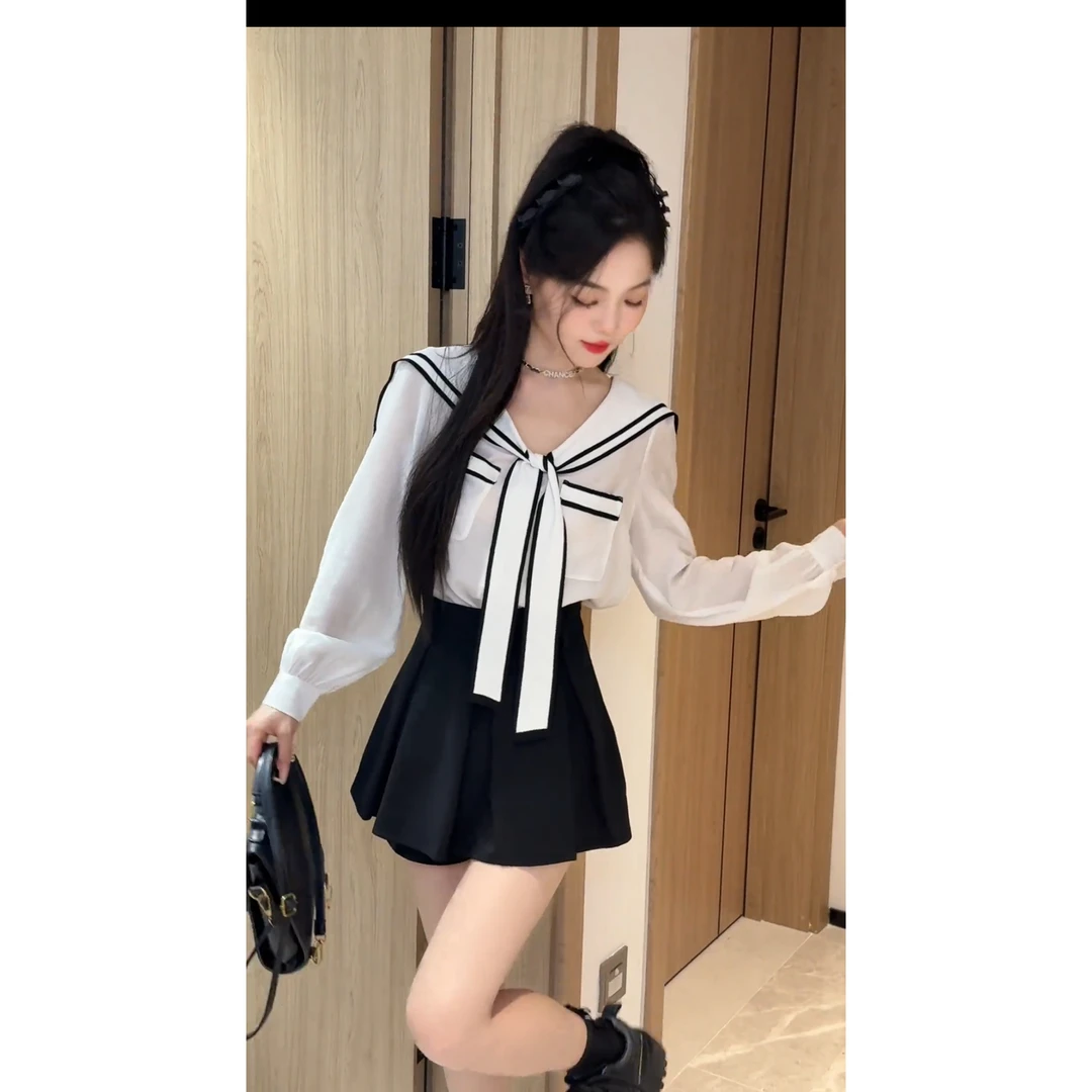 小个子韩系学院风穿搭一整套海军领衬衫高腰百褶裙早秋新款套装女