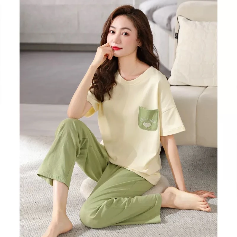 2025年新款纯棉睡衣女夏天短袖长裤薄款宽松大码时尚棉家居服套装