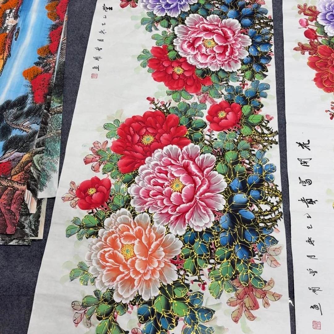 栗***薯国画180×70水晶金线牡丹手绘画画画画