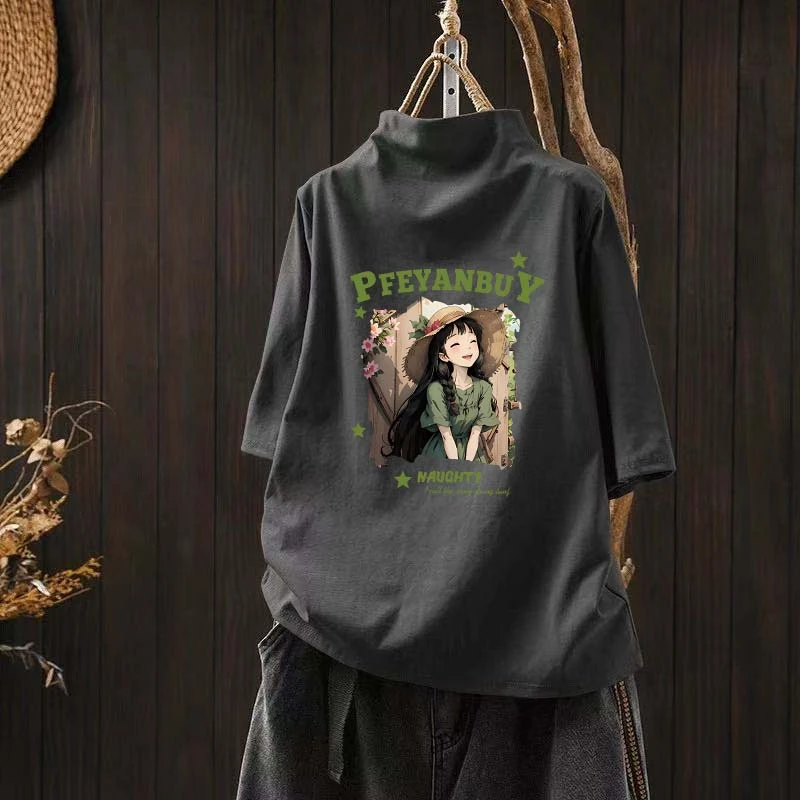 纯棉欧货卡通休闲减龄半高领短袖t恤女夏季新款2025百搭半袖上衣