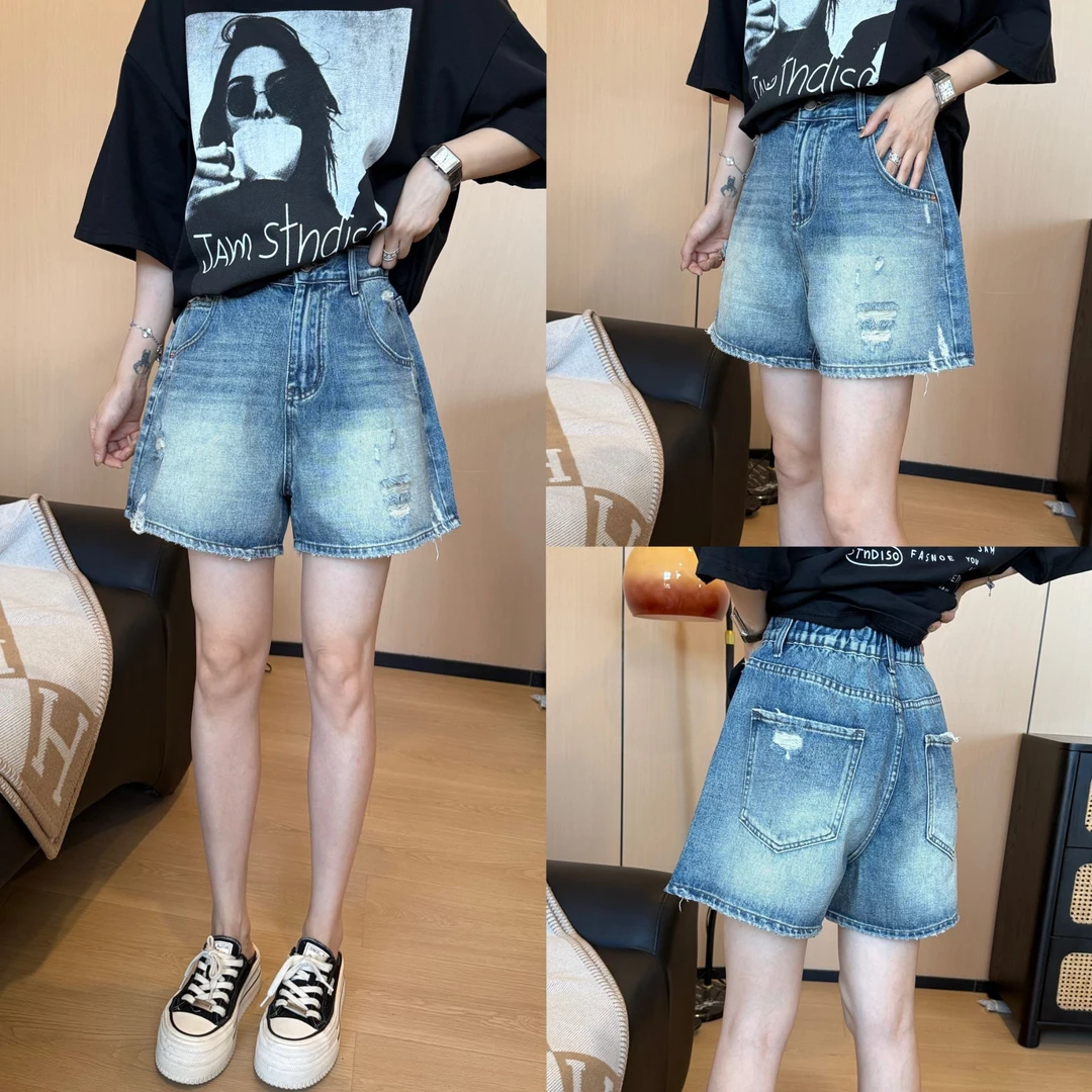 二姐的宝藏时尚百搭水洗磨破洋气潮流显瘦松紧腰牛仔短裤#25259