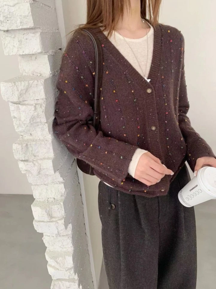 【潘潘.608812】秋冬新款藏羊绒V领针织长袖休闲开衫