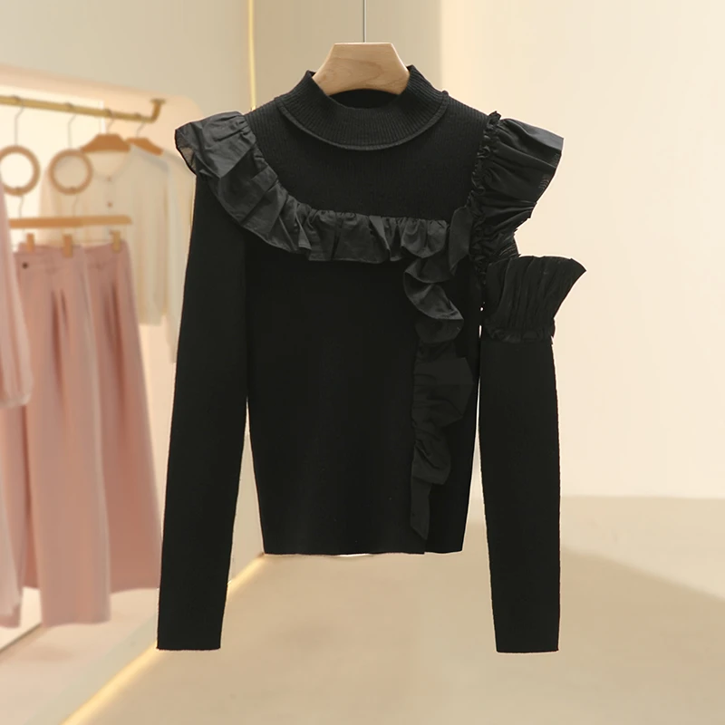 【Fy】绵羊毛荷叶边露肩知性毛衫2025春季新款专柜撤柜品牌女装