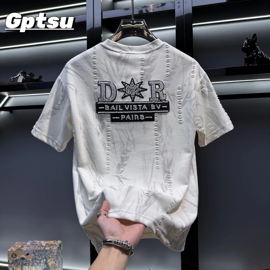 GPTSu男士高端设计感破洞烫钻短袖2025夏季新款时尚圆领上衣T恤男