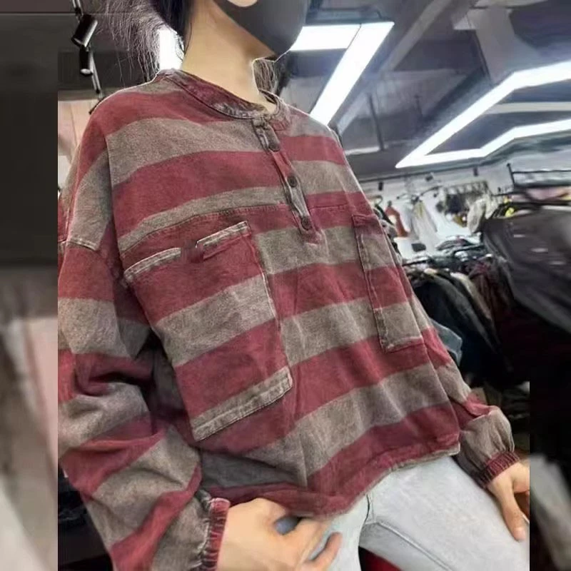 时尚条纹宽松休闲长袖T恤女洋气显瘦百搭纯棉上衣
