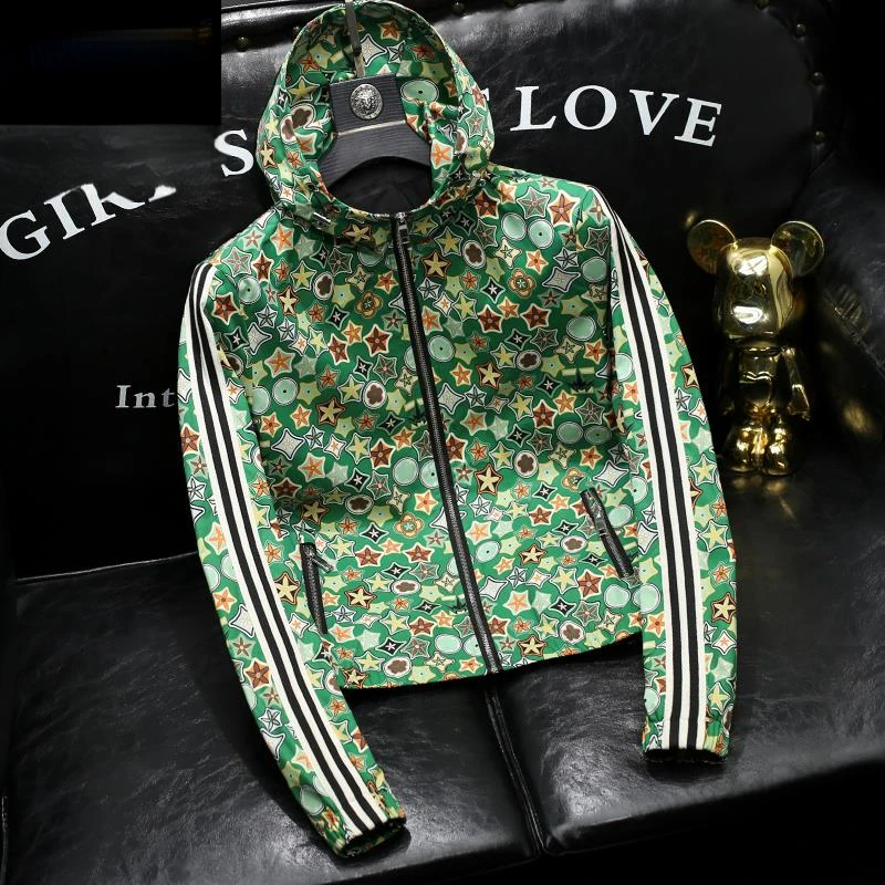 欧洲站连帽夹克男士青年小碎花高级感休闲外套男装春秋新款大码潮