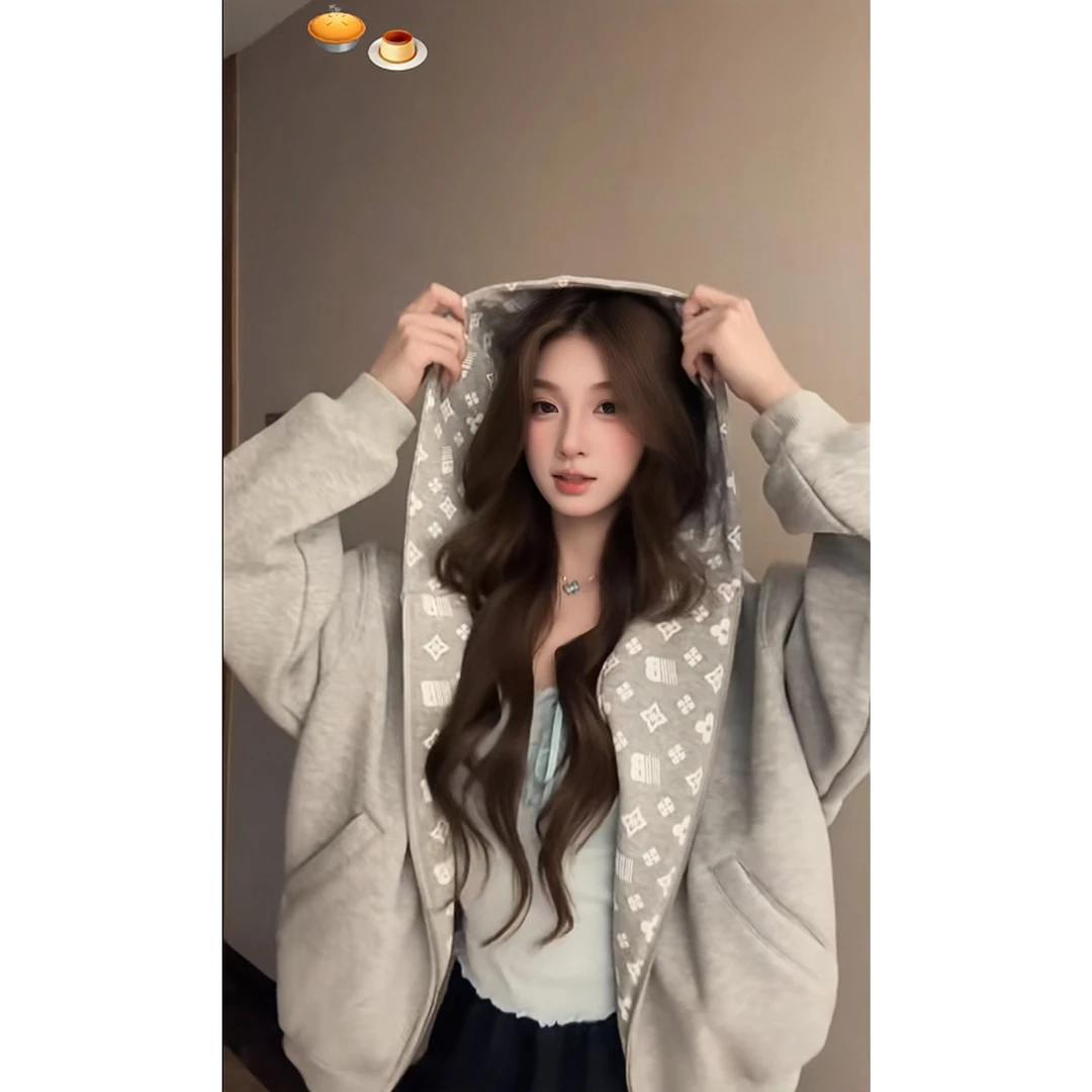 春秋新款刺绣开衫连帽卫衣外套美式ins时尚潮牌设计感情侣装帽衫