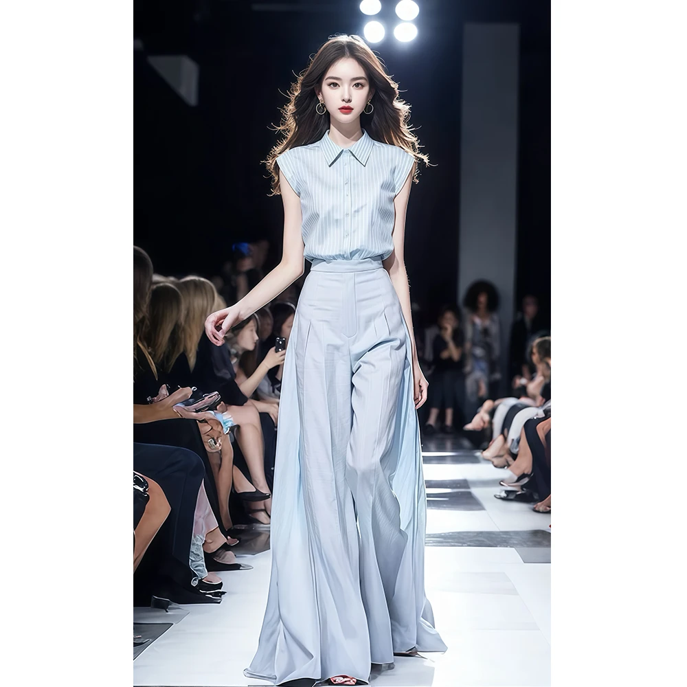 夏装搭配一整套时尚御姐轻熟气质蓝色无袖衬衫上衣阔腿裤两件套装