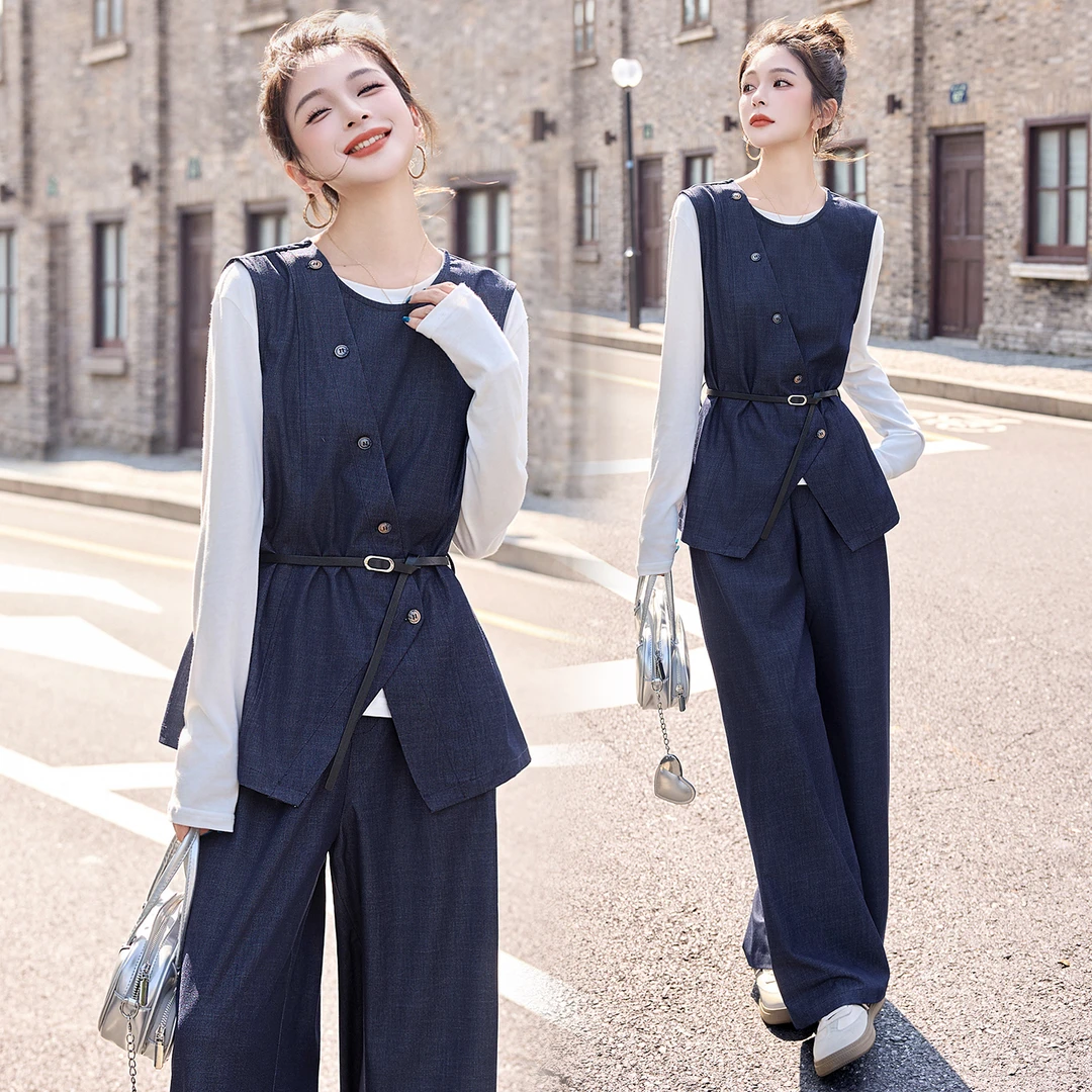 韩系时尚气质马甲套装女2025春秋新款设计感开叉上衣阔腿裤三件套