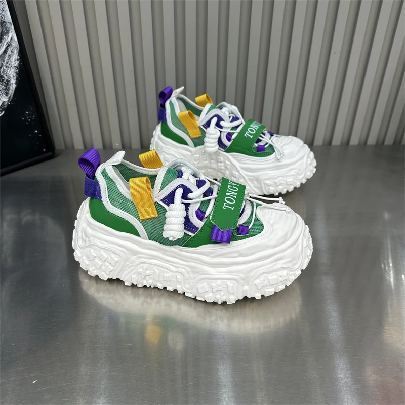 女鞋时尚百搭夏季透气小众厚底ins网面韩版系带拼色拼接潮流潮鞋