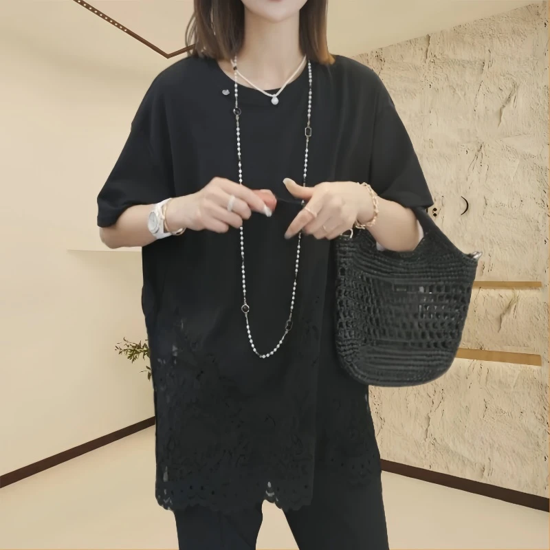 2025夏季新款蕾丝圆领时尚设计师百搭休闲上衣显瘦中长款T恤女