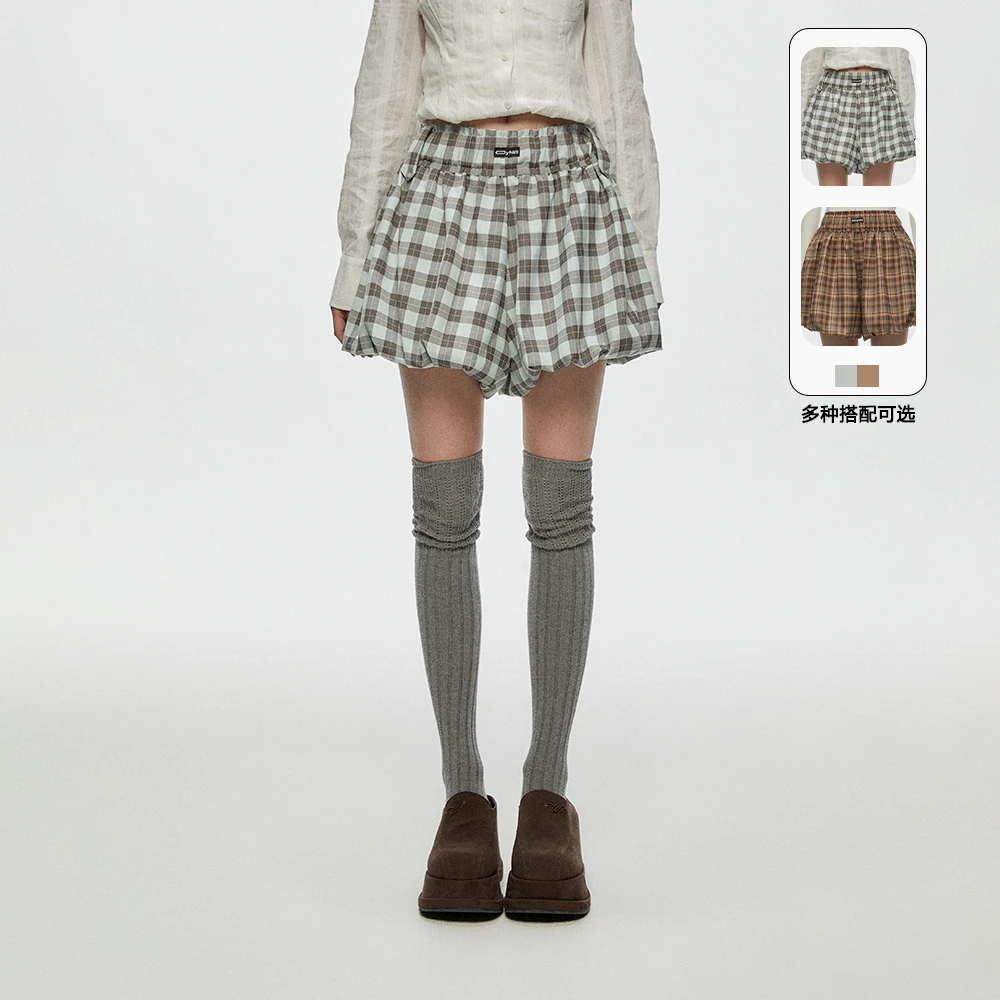 CyNi 复古甜美kiki百搭格子蛋糕裙南瓜蓬蓬短裙女新款o