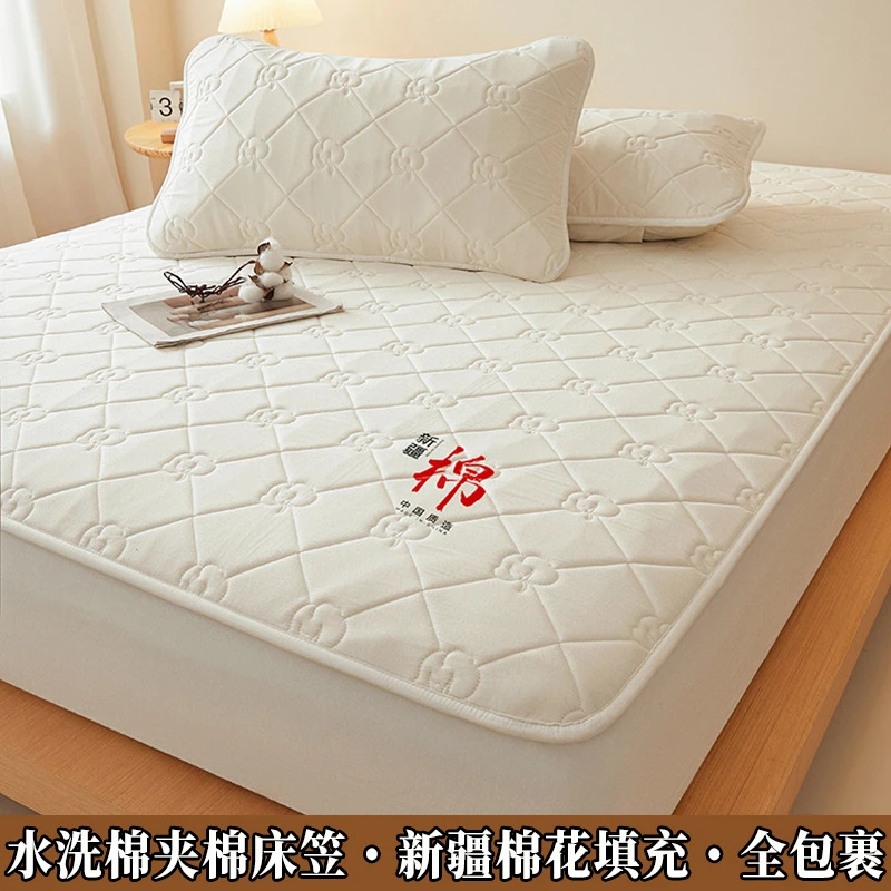 2025新款A类水洗棉新疆棉花夹棉床笠棉朵全包床罩三件套防尘隔脏