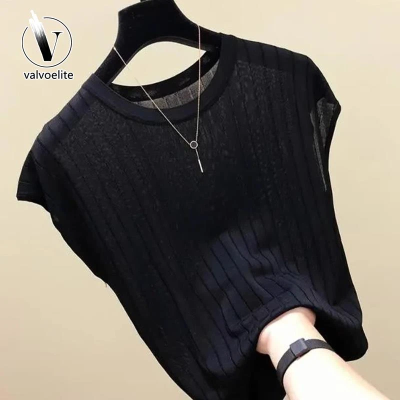 VALVOELITE时尚气质纯色简约针织衫圆领套头小众短袖夏季薄款上衣