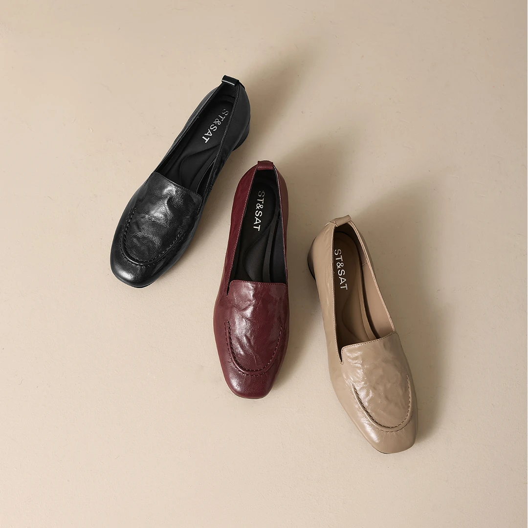 星期六秋冬低跟平底时尚手抓纹真皮圆头软底气质优雅款深口鞋子